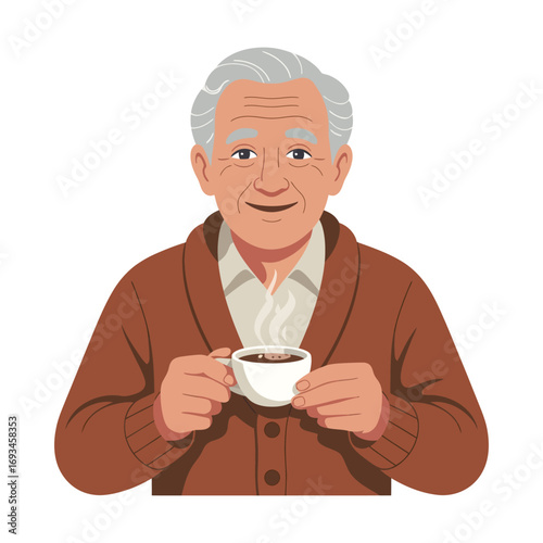 An elderly man is holding a cup of coffee flat style cartoon vector