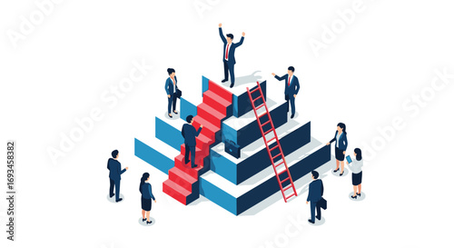 Dynamic business team climbing stairs to success, celebrating achievement, modern teamwork concept