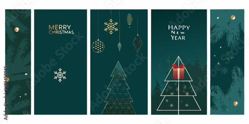 Elegant christmas and new year greeting cards with festive tree decorations and winter motifs