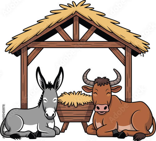 Donkey and cow standing together in a stable silhouette