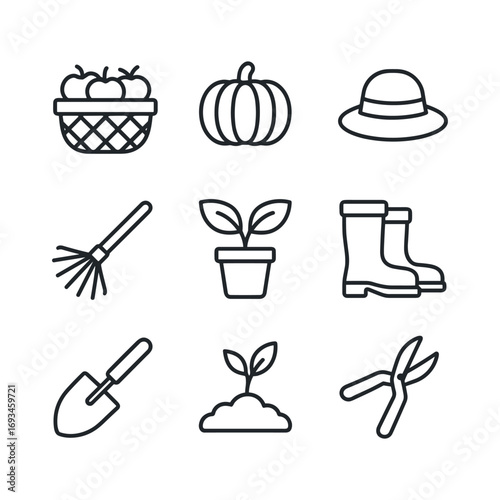 Fall gardening nature icon set. Outline symbols. Line design