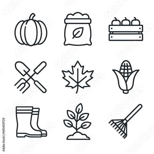 Autumn garden seasonal vector icons. Outline symbols. Line design