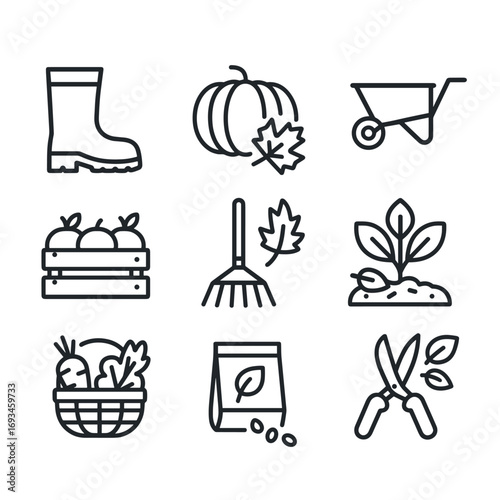 Seasonal fall garden plant icons. Outline symbols. Line design