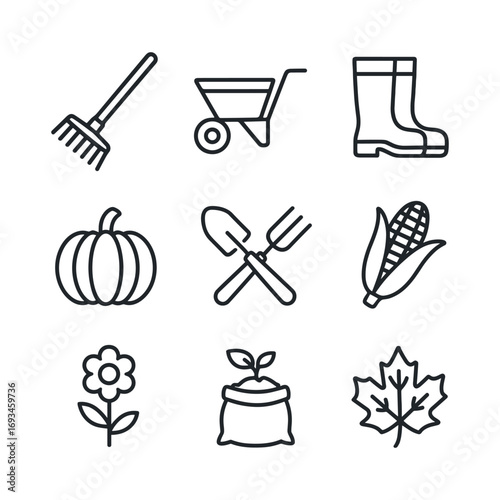 Fall season gardening vector icons. Outline symbols. Line design