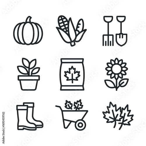 Autumn harvest gardening icon collection. Outline symbols. Line design
