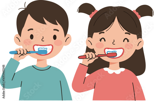 Happy Kids Brushing Teeth Together – Cute Cartoon Illustration
