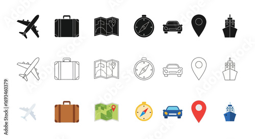 A collection of travel and transport icons in three different styles: solid, outline, and colored, featuring airplanes, luggage, maps, compasses, cars, location pins, and ships.