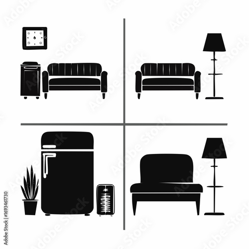 Arrangement of furniture showcases different interior design styles in a minimalist black and white aesthetic, creating a modern and clean ambiance.