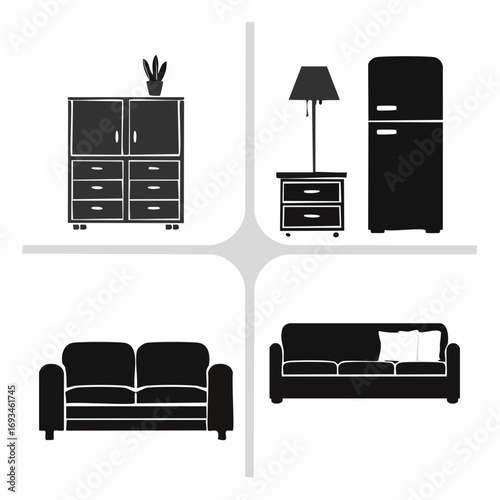 Furniture silhouettes arranged in a square showcase minimalist home decor elements for interior design projects, evoking a modern and clean aesthetic.
