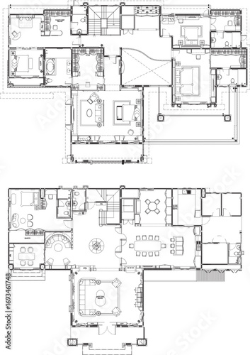 Vector Interior Design Drawing of Residential House – First and Second Floor Layout