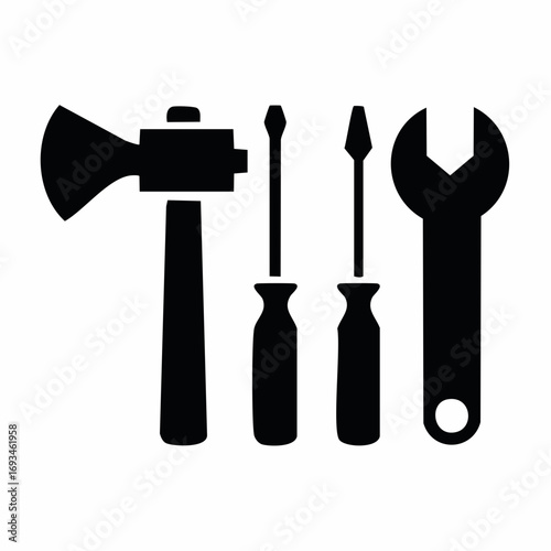 Various hand tools including an axe, hammer, screwdrivers, and wrench arranged neatly on a white surface, representing craftsmanship and repair.