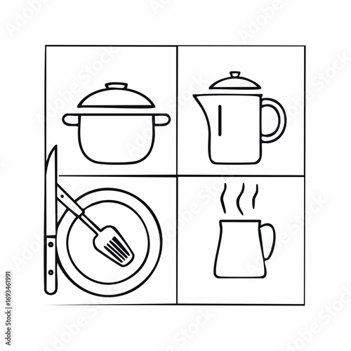 Simple line art of kitchenware arranged in a square grid showcasing cooking utensils and tableware for culinary themed projects.