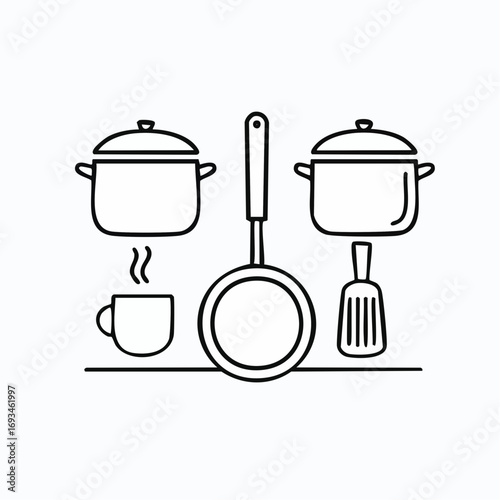 Kitchen utensils arranged neatly on a shelf, including pots, pans, a spatula, and a steaming cup, creating a minimalist and organized kitchen scene.