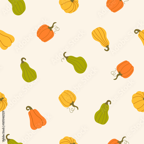 Seamless pattern with small hand drawn pumpkins on a white background. Autumn texture for thanksgiving, harvest and halloween. Season palette. Vector Illustration
