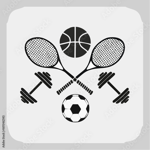 Sports equipment arrangement featuring tennis rackets, basketball, soccer ball, and dumbbells in a balanced composition showcasing athletic activity and fitness.