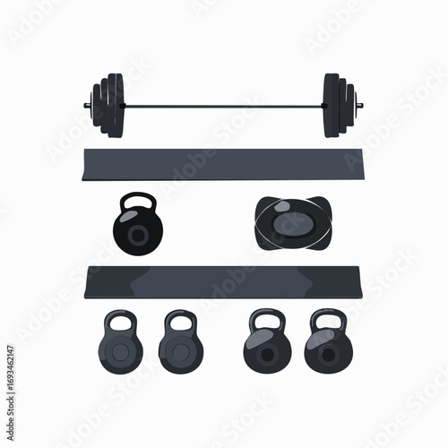 Weightlifting equipment arranged neatly on white surface, showcasing barbell, kettlebells, yoga mat, and soap for a clean, healthy lifestyle.