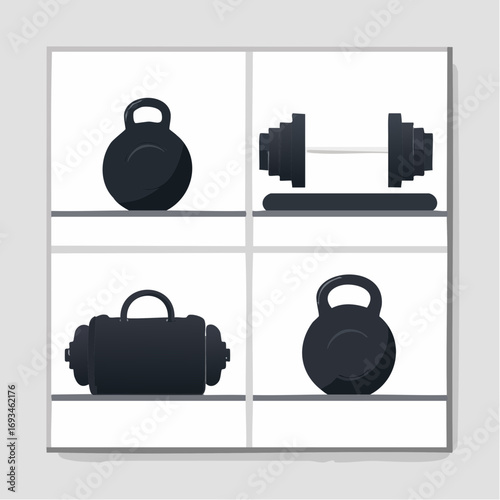 Gym equipment displayed on shelves, including dumbbells, kettlebells, and a gym bag, conveying a fitness and exercise theme.