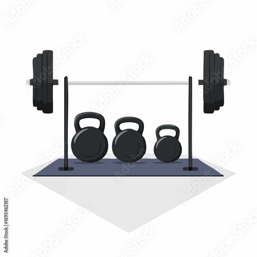 Weightlifting equipment arranged neatly on a gym floor, showcasing kettlebells and a barbell for strength training and fitness in a minimalist style.