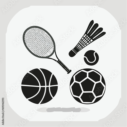 Various sports equipment arranged neatly on a white surface, showcasing a collection of athletic gear for different games and activities, creating a sporty vibe.