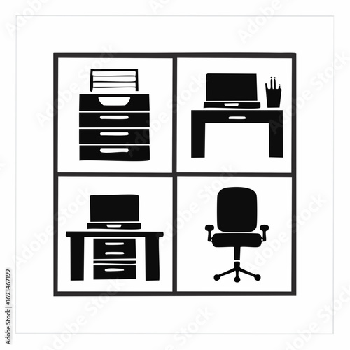 Office furniture arrangement depicting desk, chair, filing cabinet, and computer creating a minimalist workspace in a modern, organized style.