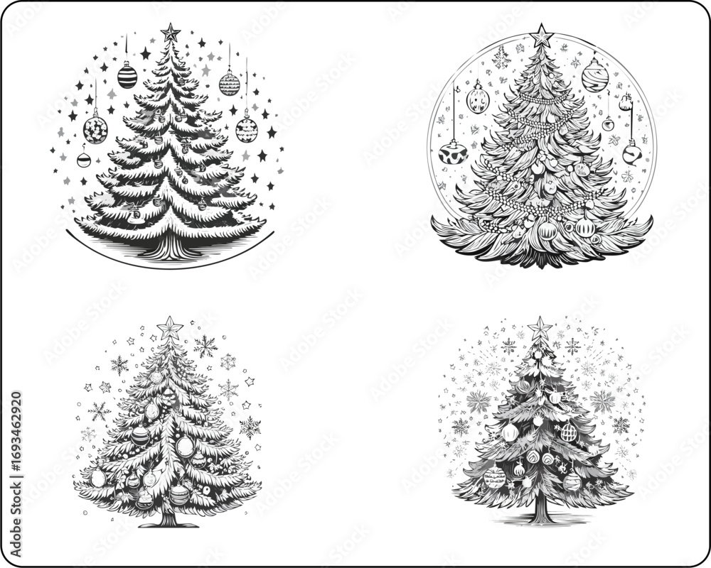 Obraz premium Collection of Four Ornate Christmas Trees Decorated with Ornaments and Snowflakes