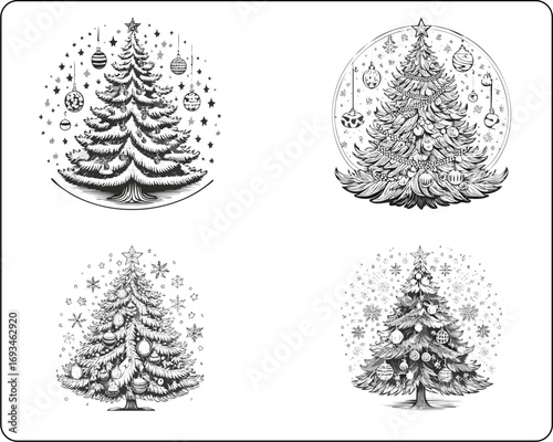 Collection of Four Ornate Christmas Trees Decorated with Ornaments and Snowflakes