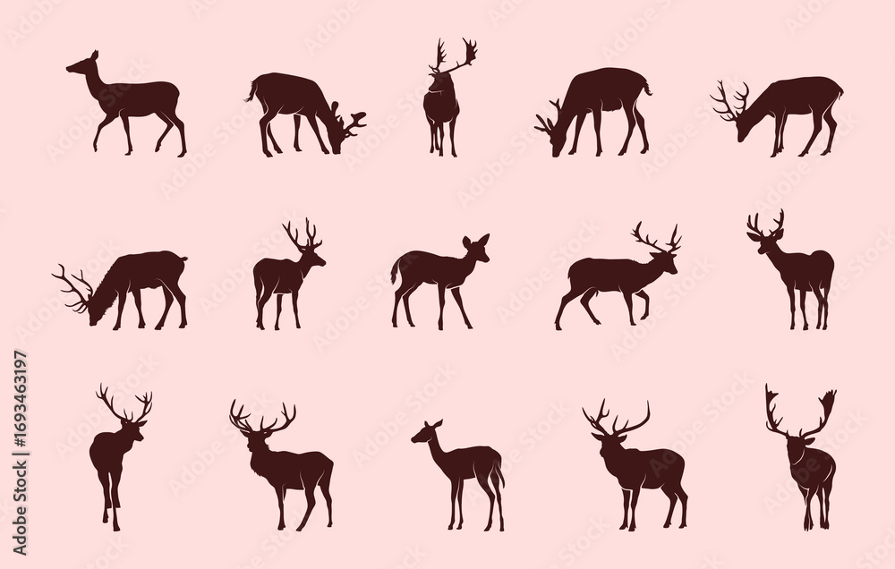 Naklejka premium Vector silhouettes of deer, Deer silhouette collection, Deer svg bundle. 