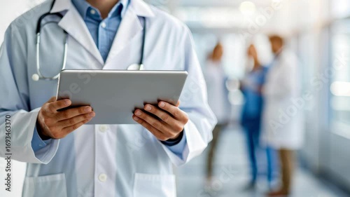 Healthcare iot security in medicine doctor with tablet and stethoscope in hospital corridor safeguarding patient data and digital chart