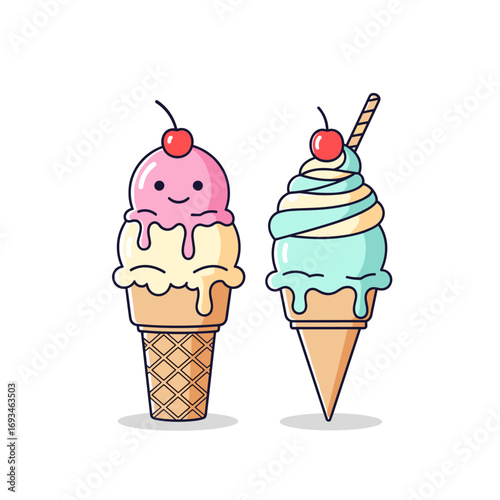 Delicious cold sweet treat strawberry vanilla and mint chocolate chip flavors in waffle cones
