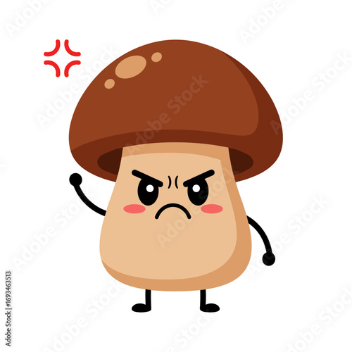 An angry mushroom character demonstrating frustration through its facial expression and body language