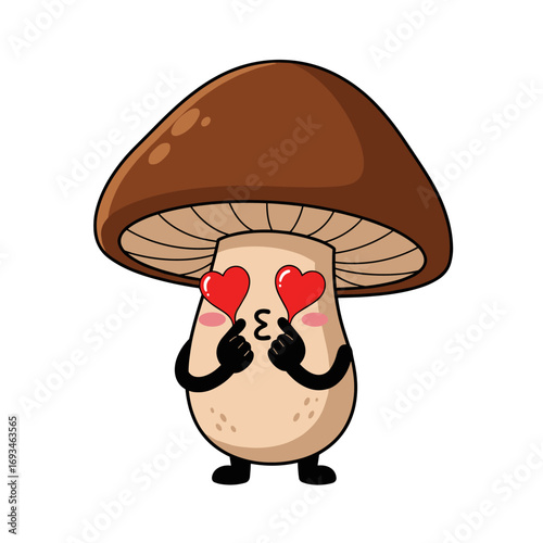 Adorable mushroom character expressing love with heart eyes and kissy face