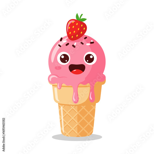 A happy strawberry ice cream cone with a cute face and a strawberry topping