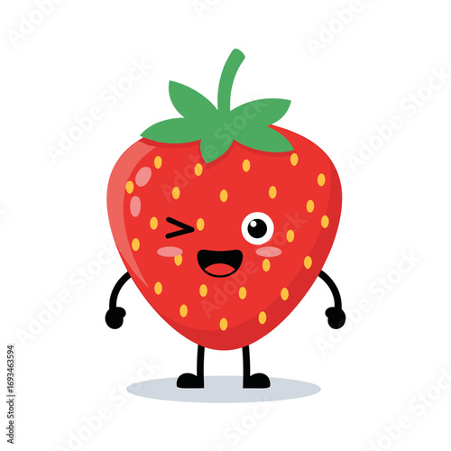 Cute winking strawberry character with cute black legs and arms