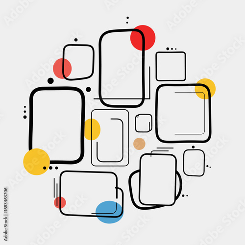 Abstract composition of rounded rectangles and circles in a circular arrangement