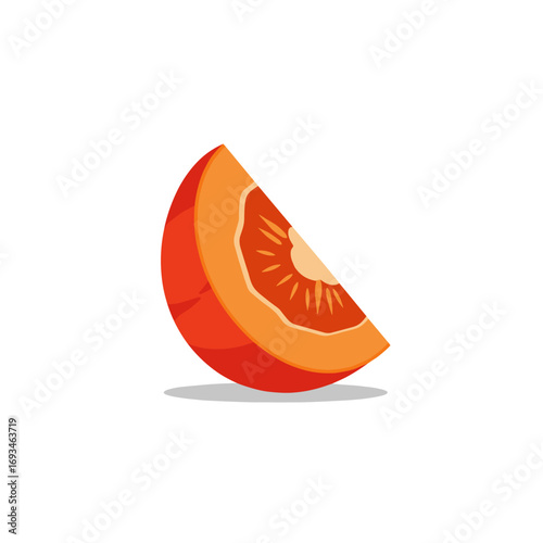 A juicy slice of fresh citrus fruit showing its segmented interior with bright pulp and orange peel