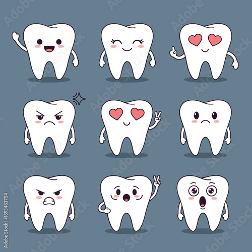Collection of adorable cartoon tooth characters expressing various emotions and poses