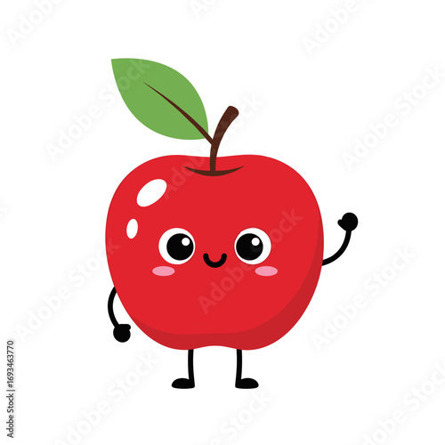 A friendly cartoon apple character waving hello with a happy smile and cute feet and arms