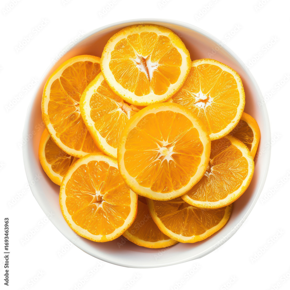 Fototapeta premium Sliced pieces of Orange in bowl top view isolate on transparency background