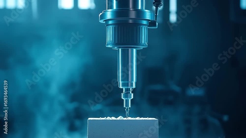 CNC machine metal drill precision industrial blue technology manufacturing tool engineering, automated factory equipment, modern industrial machine