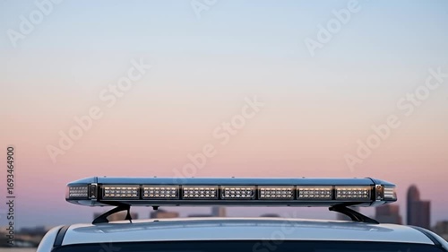 Emergency lights on white vehicle against blurred sunset sky & distant buildings