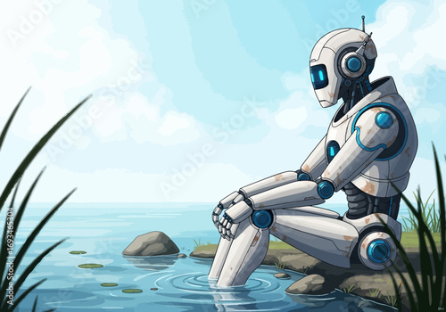Robot sitting by the water on a sunny day