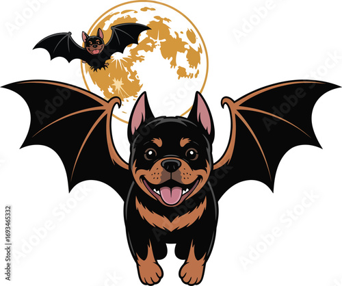 Flying halloween rottweiler dog with bat wings silhouette