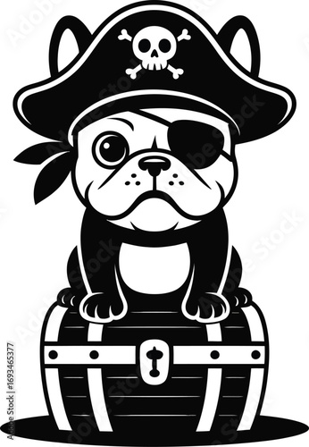 French bulldog pirate sitting on a treasure chest silhouette