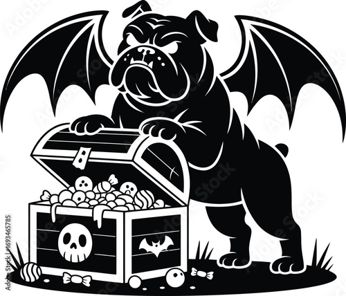 Halloween bulldog with bat wings guarding a treasure chest full of candy silhouette
