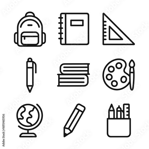 School supplies education icon set. Outline symbols. Line design
