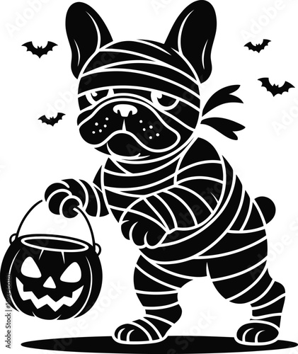 Mummy bulldog holding a glowing jack o lantern silhouette
