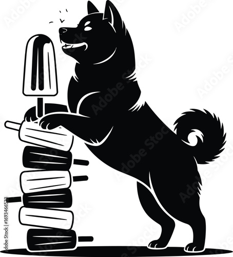 Sassy shiba inu dog enjoying a stack of colorful popsicles silhouette