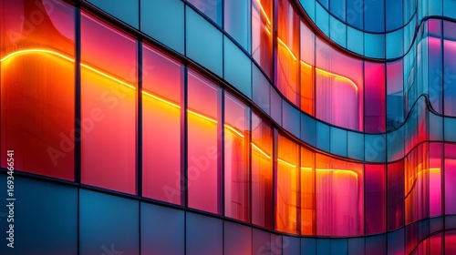Vibrant, curved glass facade illuminated with warm and cool neon lights