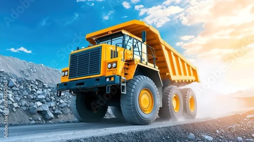 Large yellow dump truck rocky construction site blue sky, sunlight highlighting powerful industrial vehicle, mining heavy equipment transportation