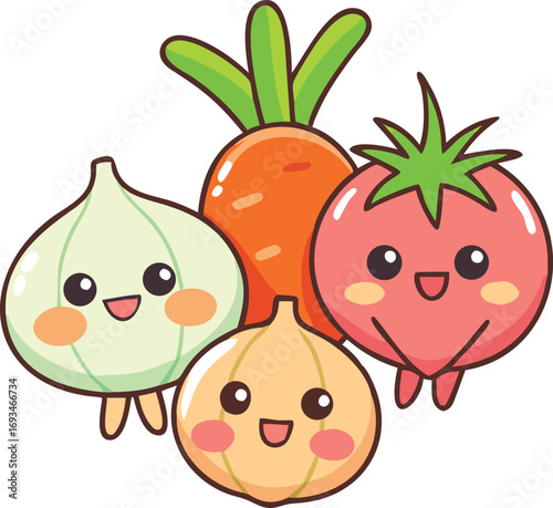 Cute kawaii icon of tomato, sweet potato, and spring onion with smiling faces, cartoon.